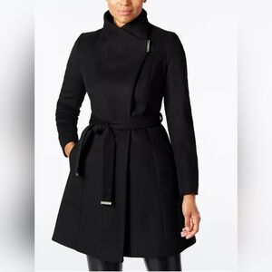 Michael Kors Womens BELTED ASYMMETRICAL JACKET COAT  BLACK SIZE Large